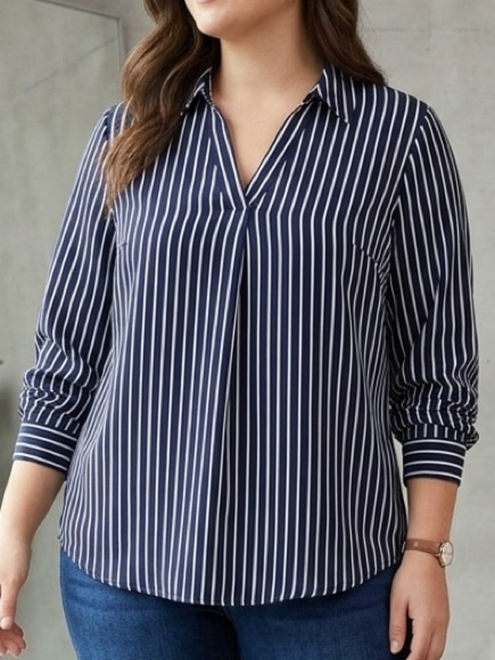 BloomChic Navy and White Vertical Stripe Button-Down Blouse